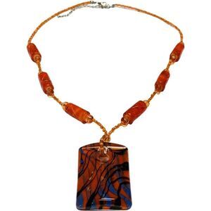Vintage Murano Style Retro Orange Swirl Marble Blown Glass Beaded Necklace 24”